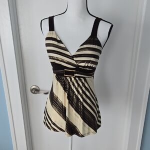 Gidani Retro Y2k Striped  Belted Baby Doll Tank Top Padded Cream Brown Gold L